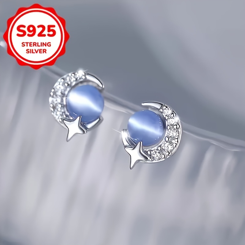 Women's 925 Silver-Plated Moon & Star Earrings, Cute Design